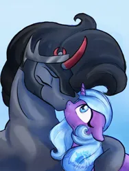Size: 1500x2000 | Tagged: safe, artist:amanecerlobo, derpibooru import, idw, king sombra, radiant hope, g4, female, image, jpeg, kissing, male, ship:hopebra, shipping, straight