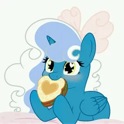 Size: 7000x7000 | Tagged: safe, artist:riofluttershy, derpibooru import, oc, oc:fleurbelle, unofficial characters only, alicorn, pony, alicorn oc, blanket, blushing, bow, eating, female, food, hair bow, horn, image, jpeg, lying down, mare, pink bow, sandwich, simple background, solo, two toned hair, two toned mane, white background, wingding eyes, wings, yellow eyes