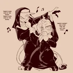 Size: 1500x1500 | Tagged: suggestive, artist:cold-blooded-twilight, derpibooru import, gilda, rarity, gryphon, g4, blushing, claws, dialogue, duet, female, image, lesbian, microphone, monochrome, music, nun, png, rarida, shipping, singing, sketch, slit pupils