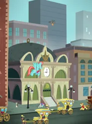 Size: 1920x2591 | Tagged: safe, composite screencap, derpibooru import, edit, edited screencap, screencap, fortune favors, fruit pack, neigh sayer, ruby splash, strawberry ice, earth pony, pegasus, pony, g4, made in manehattan, season 5, building, carriage, clock, fedora, hat, image, lantern, manehattan, maneway station, my little pony, outdoors, png, taxi, taxi pony