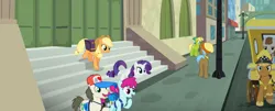 Size: 2675x1080 | Tagged: safe, composite screencap, derpibooru import, edit, edited screencap, screencap, applejack, fortune favors, fruit pack, neigh sayer, rarity, ruby splash, star gazer, earth pony, pegasus, pony, unicorn, g4, made in manehattan, season 5, bittersweet (g4), box, building, carriage, horn, image, manehattan, maneway station, my little pony, outdoors, png, taxi, taxi pony