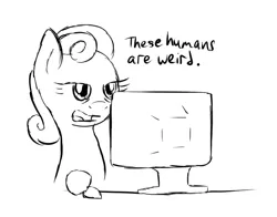 Size: 703x551 | Tagged: safe, artist:aaron amethyst, derpibooru import, bon bon, earth pony, pony, g4, black and white, computer, drawthread, female, grayscale, image, implied human, implied lyra, mare, monochrome, png, requested art, simple background, solo, talking, weirded out, white background
