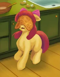 Size: 1611x2065 | Tagged: safe, artist:escapist, derpibooru import, apple bloom, earth pony, pony, g4, female, filly, foal, food, image, kitchen, open mouth, pancake on head, pancakes, png, solo