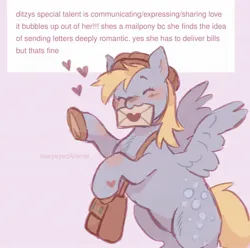 Size: 2048x2028 | Tagged: safe, artist:tearyeyedanimal, derpibooru import, derpy hooves, pegasus, pony, g4, ^^, alternate universe, bag, blush lines, blush scribble, blushing, closed mouth, colored hooves, colored pinnae, cute, derpabetes, ear fluff, eyes closed, female, floating heart, hat, heart, heart mark, high res, hooves, image, jpeg, letter, love letter, mare, mouth hold, newsboy hat, raised hoof, satchel, signature, solo, text, underhoof, waving, waving at you, wings
