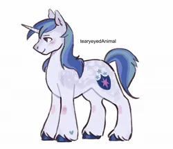 Size: 2048x1765 | Tagged: safe, artist:tearyeyedanimal, derpibooru import, part of a set, shining armor, pony, unicorn, g4, blush scribble, blushing, closed mouth, colored hooves, colored pinnae, ear fluff, full body, heart, heart mark, hooves, horn, image, jpeg, knee blush, male, side view, signature, simple background, smiling, solo, stallion, standing, unshorn fetlocks, white background