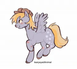 Size: 2048x1819 | Tagged: safe, artist:tearyeyedanimal, derpibooru import, part of a set, derpy hooves, pegasus, pony, g4, blush scribble, blushing, cascading cutie mark, closed mouth, colored hooves, colored muzzle, colored pinnae, cute, derpabetes, female, full body, hat, heart, heart mark, hooves, image, jpeg, knee blush, mare, newsboy hat, raised hoof, side view, signature, simple background, smiling, solo, white background, wings