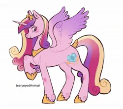 Size: 2047x1816 | Tagged: safe, artist:tearyeyedanimal, derpibooru import, part of a set, princess cadance, alicorn, pony, g4, aside glance, blush scribble, blushing, closed mouth, crown, ear fluff, female, full body, heart, heart mark, hoof shoes, horn, image, jewelry, jpeg, knee blush, looking at you, looking sideways, mare, peytral, princess shoes, raised hoof, regalia, side view, sideways glance, signature, simple background, smiling, smiling at you, solo, standing, tail, tail wrap, white background, wings