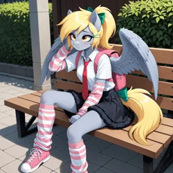 Size: 4704x4704 | Tagged: safe, ai content, ai generated, derpibooru import, generator:yiffymix v64, prompter:thedaren666, stable diffusion, derpy hooves, anthro, pegasus, g4, :s, ai composition, backpack, bench, bow, breasts, bush, closed mouth, clothes, detached sleeves, ear fluff, eyebrows, female, fluffy, hair bow, hand on head, image, jpeg, kneesocks, legwear, long sleeves, long socks, necktie, outdoors, raised hand, scratching, shirt, shoes, signature, sitting, skirt, socks, solo, spread wings, striped socks, tail, tail bow, wavy mouth, wings