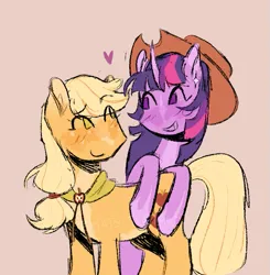 Size: 669x683 | Tagged: safe, artist:katsitoattacks, derpibooru import, applejack, twilight sparkle, earth pony, pony, unicorn, g4, applejack's hat, blush scribble, blushing, closed mouth, coat marking, cowboy hat, curved horn, doodle, duo, duo female, eye clipping through hair, eye contact, eyebrows, facial marking, female, floating heart, grin, hat, heart, horn, image, lesbian, looking at each other, looking at someone, looking over shoulder, looking sideways, mare, no nose, no pupils, png, raised eyebrow, request, requested art, shawl, ship:twijack, shipping, simple background, smiling, smiling at each other, standing, star (coat marking), tan background, turned head, unicorn twilight, watermark