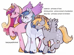 Size: 2048x1519 | Tagged: safe, artist:tearyeyedanimal, derpibooru import, part of a set, derpy hooves, princess cadance, shining armor, alicorn, pegasus, pony, unicorn, g4, alternate universe, blush scribble, blushing, cascading cutie mark, character name, closed mouth, colored hooves, colored muzzle, colored pinnae, crown, ear fluff, eye contact, female, full body, hat, heart, heart mark, hoof shoes, hooves, horn, image, jewelry, jpeg, knee blush, looking at each other, looking at someone, looking sideways, male, mare, newsboy hat, peytral, polyamory, princess shoes, raised hoof, regalia, shipping, side view, simple background, smiling, stallion, standing, trio, unshorn fetlocks, white background, wings
