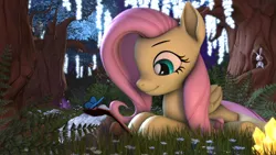 Size: 3840x2160 | Tagged: safe, artist:montaraz13, derpibooru import, angel bunny, fluttershy, bird, butterfly, insect, owl, pegasus, pony, g4, 3d, animal, calm, crystal, cute, female, flower, folded wings, forest, grass, image, looking down, lying down, mare, nature, night, outdoors, png, prone, reading, relaxing, rock, shyabetes, smiling, source filmmaker, tree, wallpaper, wings