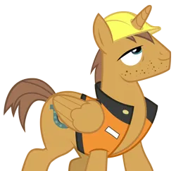 Size: 1150x1115 | Tagged: safe, artist:mustaphatr, derpibooru import, prince hardhat, rivet, alicorn, pony, g4, .psd available, alicornified, clothes, hard hat, hat, horn, image, looking up, male, male alicorn, png, race swap, rivetcorn, safety vest, simple background, solo, stallion, transparent background, vector, wings