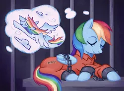 Size: 1500x1100 | Tagged: safe, artist:sealskull, derpibooru import, rainbow dash, g4, clothes, commissioner:rainbowdash69, dream, dream cloud, flying, image, jail, jail cell, jpeg, never doubt rainbowdash69's involvement, prison, prison cell, prison outfit, prisoner, prisoner rd, solo