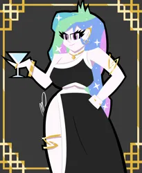 Size: 4500x5500 | Tagged: safe, artist:pres_marshmellow, derpibooru import, princess celestia, human, equestria girls, g4, alcohol, arm band, art deco, bracelet, clothes, dress, drink, gold, humanized, image, jewelry, leg bracelet, modern art, png, principal celestia, ring