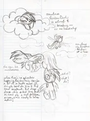 Size: 992x1337 | Tagged: safe, artist:lauren faust, derpibooru import, official, rainbow dash, pegasus, pony, g4, alternate hairstyle, cloud, cloud bed, concept art, female, flying, image, jpeg, mare, monochrome, my little pony: the art of equestria, on a cloud, sketch, sleeping, sleeping on a cloud, sneaking, solo, traditional art