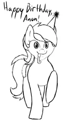 Size: 424x761 | Tagged: safe, artist:aaron amethyst, derpibooru import, roseluck, earth pony, pony, g4, black and white, drawthread, female, grayscale, happy birthday, hat, image, implied anon, looking at you, mare, monochrome, party hat, party horn, png, raised hoof, requested art, simple background, smiling, smiling at you, solo, talking to viewer, white background