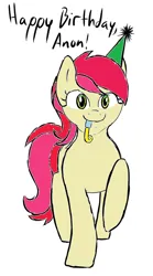 Size: 424x761 | Tagged: safe, artist:aaron amethyst, artist:anonymous, color edit, derpibooru import, edit, editor:anonymous, roseluck, earth pony, pony, g4, colored, drawthread, female, flat colors, happy birthday, hat, image, implied anon, looking at you, mare, party hat, party horn, png, raised hoof, requested art, simple background, smiling, smiling at you, solo, talking to viewer, white background