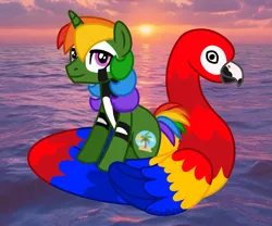 Size: 1543x1284 | Tagged: safe, artist:edgelordhedgelord, derpibooru import, oc, oc:tropical paradise, unofficial characters only, pony, unicorn, g4, body markings, floaty, horn, image, male, multicolored hair, png, pool toy, rainbow hair, real life background, show accurate, solo, stallion, sunset, tropical, water