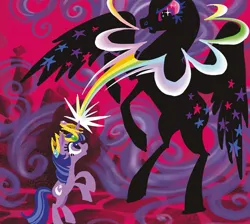 Size: 1489x1337 | Tagged: safe, artist:paul rudish, derpibooru import, official, nightmare moon, twilight sparkle, alicorn, pony, unicorn, g4, alternate design, big crown thingy, concept art, concept design, crown, duo, element of magic, female, fight, horn, image, jewelry, jpeg, lineless, mare, my little pony, my little pony adventures, my little pony: the art of equestria, prototype, rainbow, rainbow of light, rearing, regalia, thin legs, twilight twinkle (my little pony adventures)