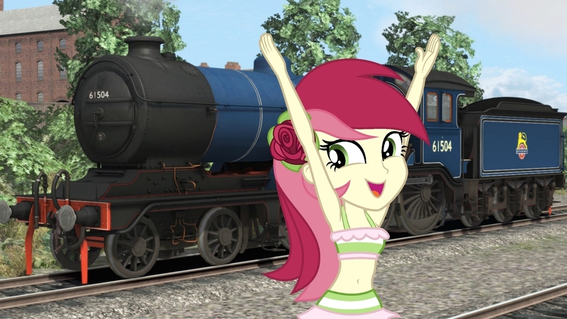 Size: 1583x890 | Tagged: safe, artist:punzil504, derpibooru import, roseluck, human, equestria girls, g4, armpits, arms in the air, belly, belly button, british railways, clothes, female, game, image, jpeg, lner b12, locomotive, midriff, open mouth, open smile, pretty, raised arms, simulator, solo, solo female, steam locomotive, swimsuit, teenager, thin, train