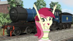 Size: 1583x890 | Tagged: safe, artist:punzil504, derpibooru import, roseluck, human, equestria girls, g4, armpits, arms in the air, belly, belly button, british railways, clothes, female, game, image, jpeg, lner b12, locomotive, midriff, open mouth, open smile, pretty, raised arms, simulator, solo, solo female, steam locomotive, swimsuit, teenager, thin, train