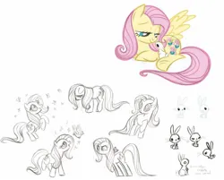 Size: 1390x1117 | Tagged: safe, artist:lauren faust, derpibooru import, official, angel bunny, fluttershy, posey, bird, butterfly, earth pony, insect, pegasus, pony, rabbit, g1, g4, animal, concept art, earth pony fluttershy, female, image, jpeg, mare, monochrome, my little pony: the art of equestria, race swap, sketch, traditional art