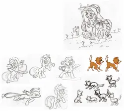 Size: 1347x1203 | Tagged: safe, artist:lauren faust, derpibooru import, official, winona, dog, pony, g4, alternate hairstyle, applejack's hat, border collie, braid, bun, concept art, cowboy hat, female, hat, image, jpeg, lasso, mare, monochrome, mug, my little pony: the art of equestria, rope, shovel, sketch, traditional art