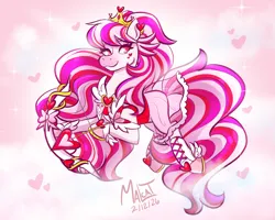 Size: 1500x1200 | Tagged: safe, artist:malcat, derpibooru import, horse, pony, arrow, bow (weapon), bow and arrow, candi (wild manes), clothes, collar, crown, cupid, cute, eye clipping through hair, eyebrows, eyebrows visible through hair, female, floating heart, gem, gradient muzzle, heart, holiday, image, jewelry, jpeg, mare, outfit, regalia, see-through, shoes, skirt, smiling, solo, sparkles, tunic, valentine's day, weapon, wild manes, wings