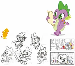 Size: 1331x1186 | Tagged: safe, artist:lauren faust, derpibooru import, official, peewee, rarity, spike, dragon, phoenix, pony, g4, just for sidekicks, baby, baby dragon, book, concept art, image, jpeg, male, monochrome, my little pony, my little pony: the art of equestria, pencil, running, scroll, sketch, storyboard, traditional art