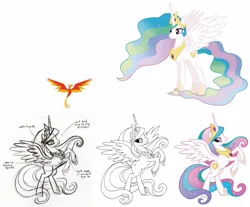 Size: 1321x1092 | Tagged: safe, artist:lauren faust, derpibooru import, official, philomena, princess celestia, alicorn, phoenix, pony, g4, concept art, female, image, jpeg, mare, monochrome, my little pony: the art of equestria, sketch, traditional art