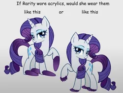 Size: 1290x980 | Tagged: safe, derpibooru import, rarity, pony, unicorn, g4, acrylic nails, cursed, cursed image, eyeshadow, female, horn, image, jpeg, lidded eyes, makeup, mare, nails, raised hoof, simple background, smiling, standing, wat, white background