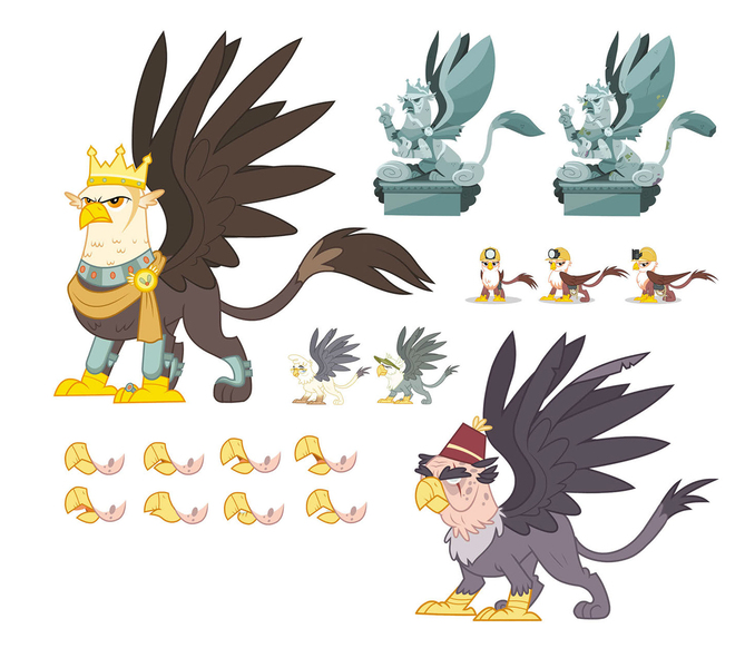 Size: 1490x1337 | Tagged: safe, derpibooru import, official, gimme moore, grampa gruff, king grover, gryphon, g4, the lost treasure of griffonstone, armor, clothes, concept art, crown, female, fez, glasses, hat, headlamp, helmet, image, jewelry, jpeg, king, male, multiple angles, my little pony, my little pony: the art of equestria, necklace, regalia, ring, scarf, statue, turnaround