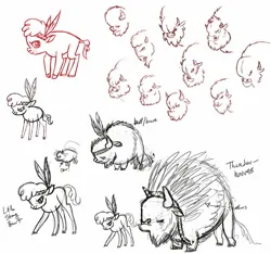 Size: 1345x1261 | Tagged: safe, derpibooru import, official, chief thunderhooves, little strongheart, buffalo, g4, over a barrel, alternate design, concept art, feather, female, headdress, image, jpeg, male, monochrome, my little pony, my little pony: the art of equestria, sketch, traditional art, what could have been