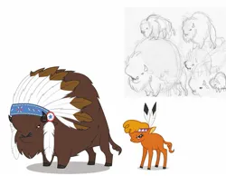 Size: 1403x1089 | Tagged: safe, derpibooru import, official, chief thunderhooves, little strongheart, buffalo, g4, over a barrel, alternate design, concept art, feather, female, headdress, image, jpeg, male, monochrome, my little pony, my little pony: the art of equestria, sketch, traditional art, what could have been