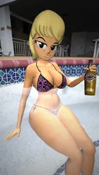 Size: 1440x2560 | Tagged: suggestive, artist:oatmeal!, derpibooru import, ms. harshwhinny, human, equestria girls, g4, 3d, alcohol, beer, beer bottle, belly, belly button, big breasts, bikini, bottle, breasts, busty ms. harshwhinny, cleavage, clothes, cougar, drink, female, gmod, hot tub, image, legs together, looking at you, partially submerged, png, sexy, sitting, solo, solo female, swimsuit