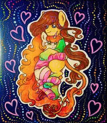 Size: 2892x3337 | Tagged: safe, artist:dariarchangel, derpibooru import, oc, oc:dariarchangel, oc:makisehomura, ponified, pony oc, unofficial characters only, earth pony, pony, unicorn, abstract background, adult blank flank, beige coat, blank flank, blue eyes, brown hair, brown mane, brown tail, clothes, colored hooves, couple, cuddling, cute, duo, duo male and female, earth pony oc, female, female oc, full body, ginger hair, ginger mane, gradient hooves, gradient legs, green eyes, heart, hoodie, hooves, horn, horn ring, hug, image, intertwined tails, jewelry, jpeg, leonine tail, lidded eyes, long mane male, looking at each other, looking at someone, lying down, male, male oc, mare, mare oc, oc x oc, orange hair, orange mane, orange tail, pale coat, pink hoodie, ponified artist, ponysona, ring, self portrait, shipping, shirt, smiling, smiling at each other, socks, stallion oc, striped socks, t-shirt, tail, tail ring, traditional art, unicorn oc, unshorn fetlocks, weapons-grade cute, wholesome
