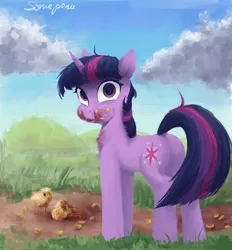 Size: 2186x2351 | Tagged: semi-grimdark, artist:some_ponu, derpibooru import, twilight sparkle, bird, pony, unicorn, g4, blood, bloody mouth, butt, chick, cloud, feather, food, grass, horn, horses doing horse things, image, jpeg, looking at you, looking back, looking back at you, meat, messy eating, outdoors, plot, ponies eating meat, puffy cheeks, solo, twilight eats a bird, unicorn twilight
