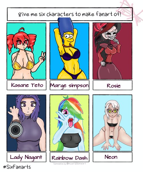 Size: 2940x3512 | Tagged: suggestive, artist:dibuxandoryx, derpibooru import, rainbow dash, demon, human, six fanarts, equestria girls, g4, amputee, anime, augmented, belly, belly button, bikini, black sclera, blonde hair, blue hair, breasts, busty rainbow dash, cleavage, clothes, crossover, dress, drill hair, female, gesture, glasses, goddess of victory: nikke, golden bikini, gun, gun arm, hair over one eye, image, jewelry, jpeg, kaina tsutsumi, kasane teto, lady nagant, looking at you, magenta eyes, marge simpson, multicolored hair, my hero academia, necklace, neon, nikke, pearl necklace, prosthetic limb, prosthetics, purple hair, rainbow hair, red eyes, red hair, shark teeth, simple background, smiling, smiling at you, swimsuit, the simpsons, tongue out, vocaloid, weapon, white hair, yellow eyes, yellow skin