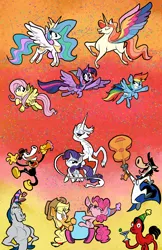 Size: 1925x2975 | Tagged: safe, artist:joeywaggoner, derpibooru import, applejack, fluttershy, pinkie pie, princess celestia, rainbow dash, rarity, twilight sparkle, twilight sparkle (alicorn), alicorn, earth pony, pegasus, pony, unicorn, g4, acoustic guitar, crossover, female, flying, gradient background, guitar, gumby (series), hat, hoof hold, horace horsecollar, horn, image, jpeg, lunar new year, mane six, mare, marigold heavenly nostrils, martini glass, mr. horse, musical instrument, party cannon, party hat, phoebe and her unicorn, pokey (gumby), quick draw mcgraw, ren and stimpy, spread wings, swift wind, wings, year of the horse, year of the horse 2026