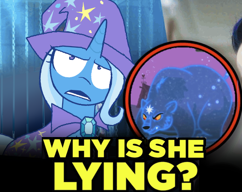 Size: 498x395 | Tagged: safe, derpibooru import, trixie, bear, pony, unicorn, ursa, ursa minor, boast busters, g4, cape, clothes, female, hat, horn, image, lies, mare, meme, my little pony, night, png, ponified meme, ponyville, text, trixie's cape, trixie's hat, why is he lying