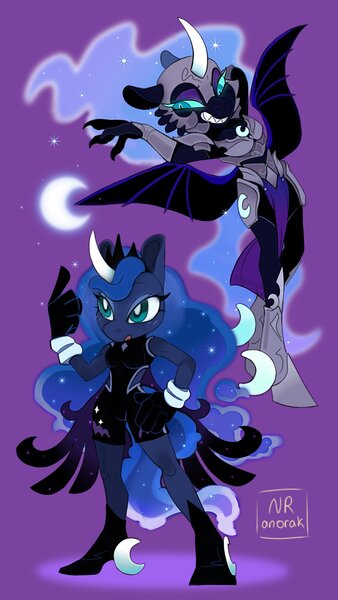 Size: 1080x1920 | Tagged: safe, artist:anoraknr, derpibooru import, nightmare moon, princess luna, alicorn, anthro, g4, armor, claws, clothes, curved horn, duo, female, gloves, helmet, horn, image, jewelry, jpeg, regalia, sharp teeth, slit pupils, spread wings, style emulation, teeth, wings