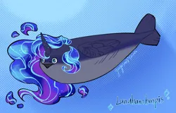 Size: 2515x1609 | Tagged: safe, artist:yuyusunshine, derpibooru import, princess luna, fish, g4, adorawat, cute, female, fish tail, fishified, horn, image, lunabetes, maybe salmon, not salmon, ocean, png, princess tuna, sacabambaspis, solo, species swap, swimming, tail, underwater, wat, water