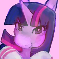 Size: 2048x2048 | Tagged: safe, artist:hemlock-chan, derpibooru import, twilight sparkle, pony, unicorn, series:manesixsockicons, g4, bust, close-up, clothes, cute, digital art, female, horn, icon, image, legwear, looking at you, mare, my little pony, painted, pink background, png, portrait, simple background, socks, striped socks, thigh highs