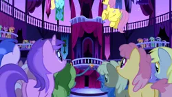 Size: 1920x1080 | Tagged: safe, derpibooru import, screencap, amethyst star, derpy hooves, dizzy twister, lyra heartstrings, minuette, mjölna, orange swirl, parasol, sassaflash, pony, g4, friendship is magic (episode), image, my little pony, png, ponyville town hall, quadrupedal