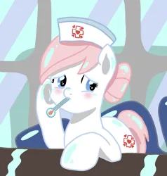 Size: 1589x1668 | Tagged: safe, artist:wrath-marionphauna, derpibooru import, nurse redheart, g4, blushing, bun hairstyle, hat, hospital, image, nurse hat, png, sick, solo, table, thermometer