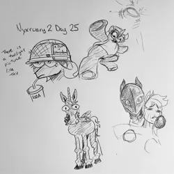 Size: 2115x2114 | Tagged: safe, artist:pony quarantine, derpibooru import, oc, oc:nyx, unofficial characters only, alicorn, pony, armor, berserk, drink, drinking, duo, female, filly, foal, grayscale, griffith, helmet, hoers, image, jpeg, long legs, looking at you, monochrome, nyxruary, pencil drawing, solo focus, traditional art