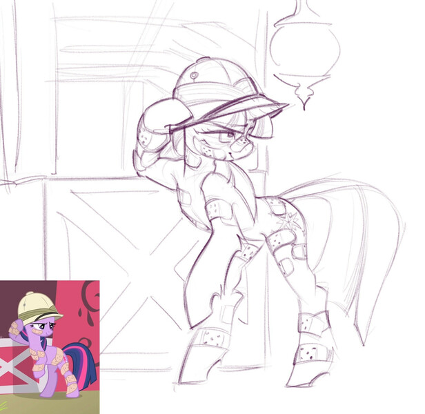 Size: 1770x1723 | Tagged: safe, artist:blue ink, ponerpics import, screencap, twilight sparkle, pony, unicorn, bandaid, bandaid on nose, barn, closed mouth, dock, eyebrows visible through hair, female, gray background, hat, hoof on head, image, jpeg, lantern, lidded eyes, mare, monochrome, pith helmet, screencap reference, simple background, sketch, smiling, solo, standing on two hooves, turned head, unicorn horn