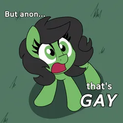 Size: 1100x1100 | Tagged: safe, artist:unitxxvii, derpibooru import, oc, oc:anonfilly, unofficial characters only, earth pony, pony, dialogue, female, filly, foal, grass, high angle, image, implied anon, jpeg, open mouth, outdoors, solo