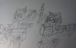 Size: 906x577 | Tagged: safe, artist:lunashy21, derpibooru import, discord, princess celestia, princess flurry heart, oc, oc:fringe anthem, oc:mayfly, oc:nyx, pony oc, unnamed oc, alicorn, draconequus, earth pony, pegasus, pony, unicorn, a flurry of emotions, g4, season 7, alicorn oc, beauty and the beast, box, cogsworth, colt, colt oc, dislestia, female, female oc, filly, filly oc, foal, folded wings, glasses, glow, glowing horn, horn, horsey hives, hospital, image, jpeg, leucrocuta, lumière, magic, male, mare oc, monochrome, mrs. potts, my little pony, offspring, open mouth, parent:feather bangs, parent:gallop j. fry, parent:little red, parent:neon lights, parent:swoon song, parent:vinyl scratch, parents:canon x oc, parents:danetti, parents:feathersong, parents:vinylights, reading, requested art, requester:railpony, requester:taionafan369, shipping, simple background, sketch, straight, telekinesis, traditional art, white background, wings