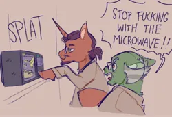 Size: 2811x1927 | Tagged: safe, artist:pastacrylic, derpibooru import, earth pony, unicorn, bald, beard, clothes, facial hair, gordon freeman, green coat, green eyes, half-life, horn, image, jpeg, lab coat, microwave, orange coat, orange eyes, ponytail, scientist, sketch